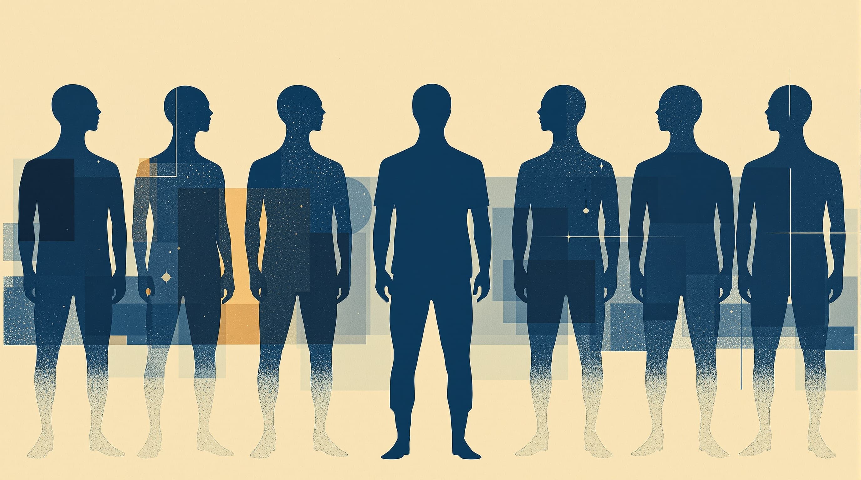 Seven identical silhouettes overlapping into one composite figure.